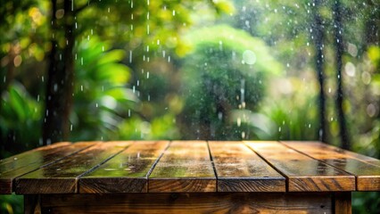 Poster - Wooden table with raindrops on a blurry background of a rainy day in a lush garden
