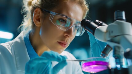 Poster - scientist observes sample under microscope during laboratory research in the evening