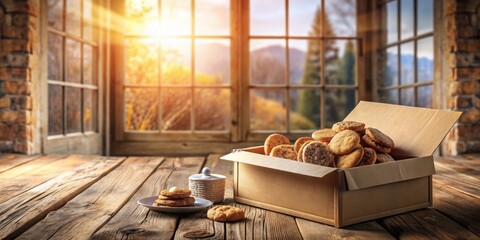 Aufkleber - A box full of freshly baked cookies sits on a rustic wooden table with a view of a beautiful autumnal landscape through the window