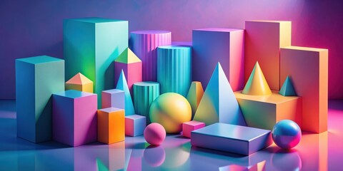 Poster - A vibrant arrangement of geometric shapes in a colorful composition with gradient hues and reflective surfaces.