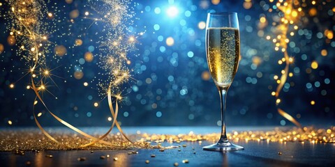 Poster - A single glass of champagne sits on a shimmering surface with golden streamers and sparkling lights in the background.