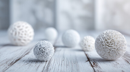 Poster - A serene arrangement of white decorative spheres on a weathered wooden surface with a soft, blurred backdrop