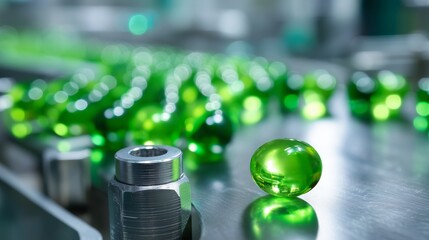 Poster - green gel capsules and metallic parts on a factory conveyor belt in a modern production facility