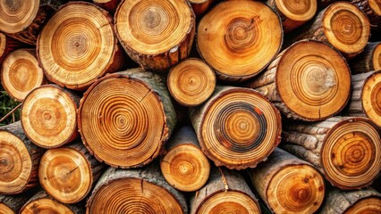 Poster - A Close-Up View of a Stacked Pile of Cut Tree Trunks, Revealing Intricate Circular Patterns and a Rich Brown Color Palette