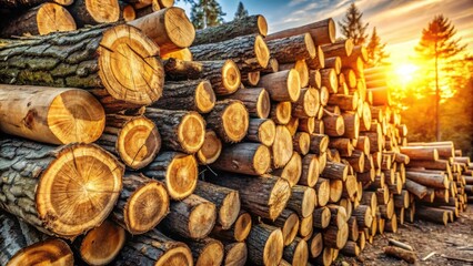 Aufkleber - A stack of cut logs basking in the golden light of a setting sun, showcasing the intricate grain patterns of nature's bounty