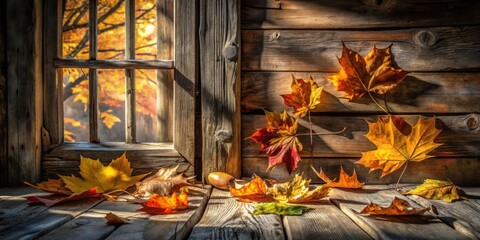 Poster - Autumnal Leaves Scattered on a Wooden Porch with a Glimpse of Golden Foliage Through a Window