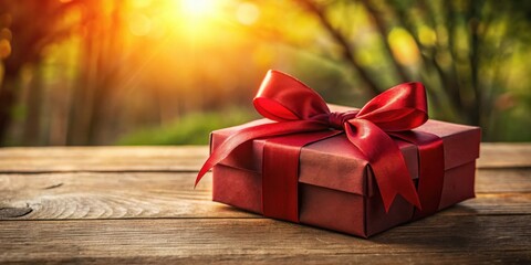 Poster - A Single Red Gift Box Wrapped with a Lush Bow, Situated on a Rustic Wooden Surface, With a Warm, Sunlit, Natural Backdrop.