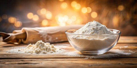 Poster - A bowl of white flour sits on a rustic wooden table with a rolling pin and sprinkles of flour surrounding it, all against a warm, bokeh background.