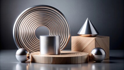 Aufkleber - Silver and Wood Geometric Composition with a Circular, Cylindrical, and Conical Arrangement on a Minimalist Background