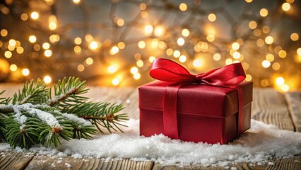Poster - A red gift box with a bow, nestled in a snowy landscape, adorned with a pine branch and warm, festive lights in the background.