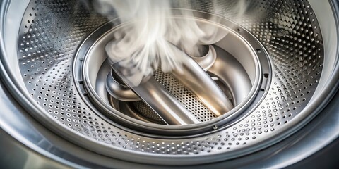 Poster - Close-up view of a washing machine drum with steam rising from the interior, highlighting the intricate design and mechanics of modern laundry appliances.