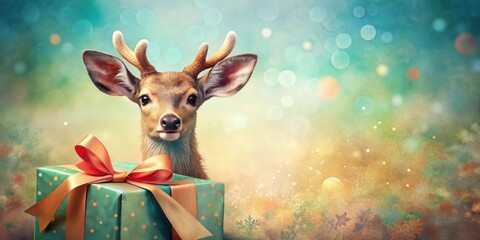 Aufkleber - A young fawn with antlers looks directly at the viewer with a curious expression as it peeks out from behind a green gift box with a large orange bow.