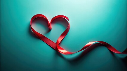 Aufkleber - A single red ribbon forms a heart shape on a teal background, representing love, affection, and romance.