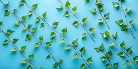 Fototapete - A minimalist arrangement of green leaves and twigs on a vibrant blue background, showcasing the beauty of nature's simplicity