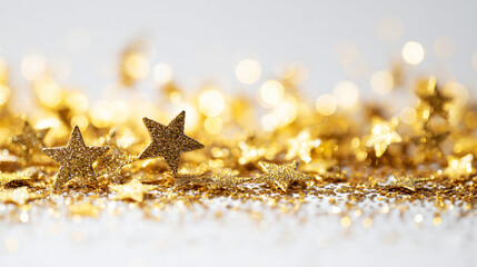 Poster - A festive display of golden glitter stars scattered on a white surface with bokeh lights behind them