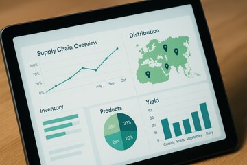 Poster - Supply Chain Overview with Distribution and Yield Metrics on a Digital Tablet Screen