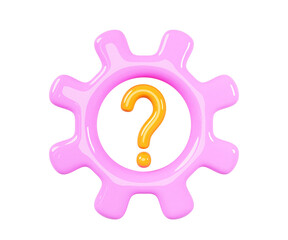 Poster - Pink gear with gold question mark on purple background 3d render icon. Cogwheel mechanism with ask faq sign. Concept of innovation idea, solution business problem, technical support