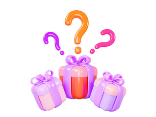 Poster - Mystery gift boxes with question marks on purple background 3d render icons. Closed color present packages with ribbon bow and bonus or prize signs. Game, draw, surprise, lottery win