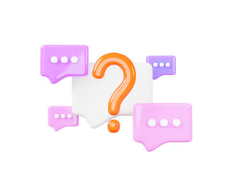 Poster - 3d speech bubbles with question mark render. Chat message icons, signs of faq, dialog with support. Talk boxes square shapes for dialog, conversation, comments on purple background