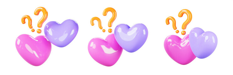 Poster - 3d set of couple hearts with question marks isolated render icons. Love pink purple symbols and doubt signs, unknown valentine. Concept of romance, friendzone or relationship problems