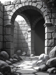 Aufkleber - fantasy scene depicted black white background old stone walls banner rock