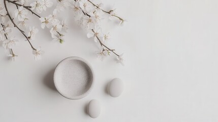Poster - Elegant Still Life with Cherry Blossom Branch, Decorative Bowl, and White Eggs on Soft Minimalist Surface for Spring and Easter Celebrations