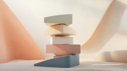 Poster - Abstract composition of geometric shapes in soft pastel colors arranged on a minimalist background with smooth curves and textures for modern interior design