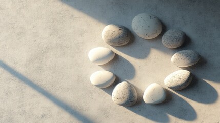 Poster - Arrangement of Smooth Stones in a Circle on a Light Gray Surface with Soft Shadow Play and Natural Lighting