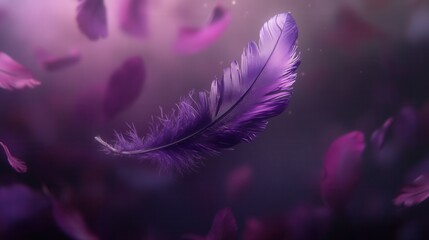Poster - Delicate Purple Feather Floating Amidst Dreamy Background with Soft Floating Petals in Beautiful Pastel Hues and Subtle Sparkling Light Effects
