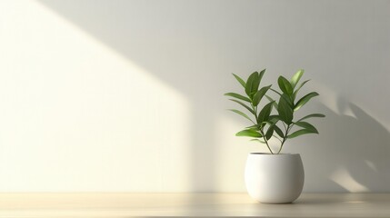 Poster - Minimalist Indoor Plant in White Pot with Soft Shadow on Light Background for Modern Home Decor and Tranquil Ambiance
