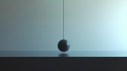 Poster - Black Sphere Hanging from a Thin String Over a Smooth Surface with Gradient Background in Minimalist Setting