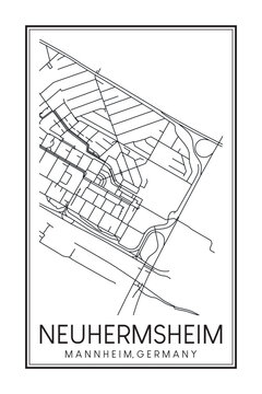 Hand drawn printable downtown road map poster of borough NEUHERMSHEIM of the German city of MANNHEIM on solid white background with city name