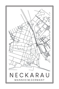 Hand drawn printable downtown road map poster of borough NECKARAU of the German city of MANNHEIM on solid white background with city name