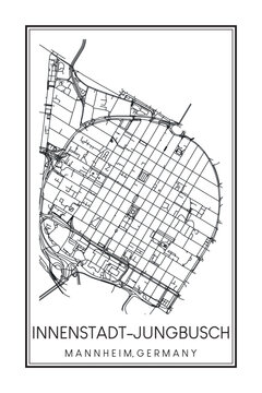 Hand drawn printable downtown road map poster of borough INNENSTADT-JUNGBUSCH of the German city of MANNHEIM on solid white background with city name