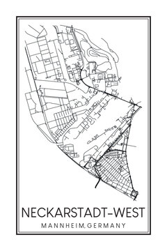 Hand drawn printable downtown road map poster of borough NECKARSTADT-WEST of the German city of MANNHEIM on solid white background with city name