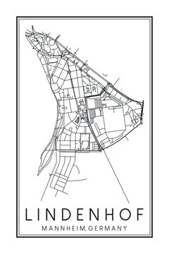 Hand drawn printable downtown road map poster of borough LINDENHOF of the German city of MANNHEIM on solid white background with city name