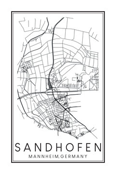 Hand drawn printable downtown road map poster of borough SANDHOFEN of the German city of MANNHEIM on solid white background with city name