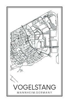 Hand drawn printable downtown road map poster of borough VOGELSTANG of the German city of MANNHEIM on solid white background with city name