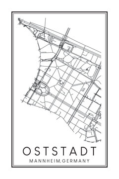 Hand drawn printable downtown road map poster of borough OSTSTADT of the German city of MANNHEIM on solid white background with city name