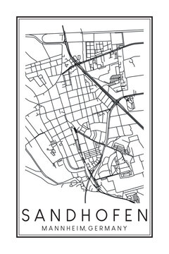 Hand drawn printable downtown road map poster of borough SANDHOFEN of the German city of MANNHEIM on solid white background with city name