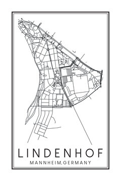 Hand drawn printable downtown road map poster of borough LINDENHOF of the German city of MANNHEIM on solid white background with city name