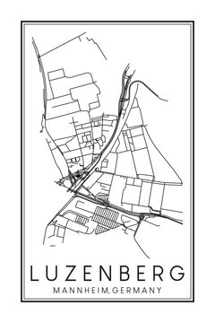 Hand drawn printable downtown road map poster of borough LUZENBERG of the German city of MANNHEIM on solid white background with city name
