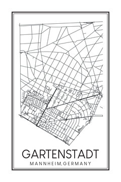 Hand drawn printable downtown road map poster of borough GARTENSTADT of the German city of MANNHEIM on solid white background with city name