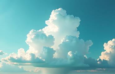 Poster - sky fluffy white clouds fills frame set deep turquoise background dramatic