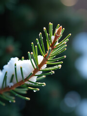 Wall Mural - small pine branch green christmas tree backdrop shows delicate snow ice formations intricate twigs s