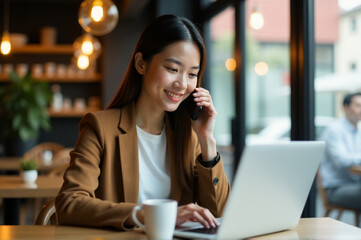 Poster - A woman sits at a table using a laptop computer, perfect for office or home use
