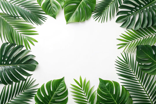 A vibrant green palm fronds frame a large, centered white space. 