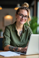 Poster - A woman sits at a table with a laptop, ready to work or study