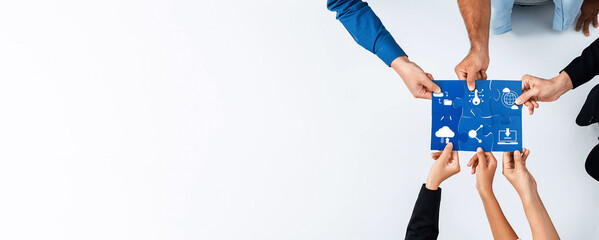 Fototapete - A dynamic scene of diverse hands collaborating over a digital blueprint on a blue background, symbolizing innovation and strategic planning in technology and computing. Amity