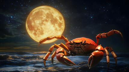Wall Mural - giant red crab under full moon with cancer zodiac symbol in surreal photorealistic scene